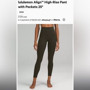 Lululemon Align HR Pant 25” w Pockets -NEW WITH TAGS & FREE SHIPPING -Dark Olive